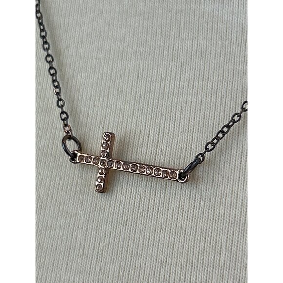 Horizontal Cross Necklace Gold Tone Rhinestone Accents Classic Minimalist - Picture 2 of 6